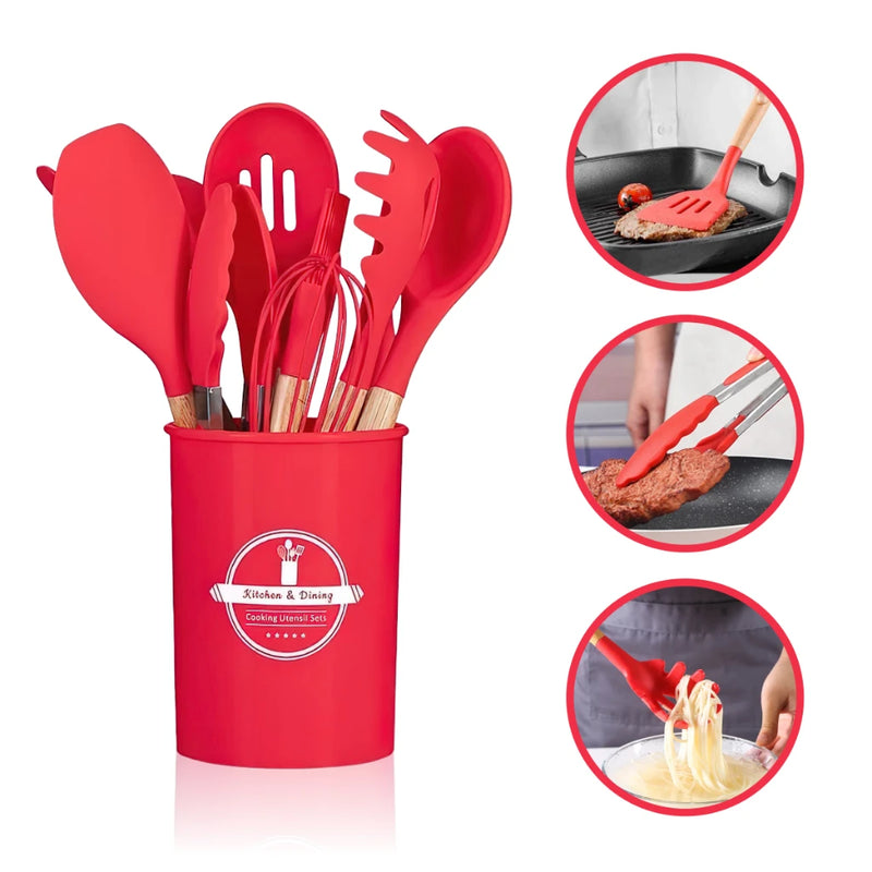 Kit Conjunto Cozinha C/12 Peças Utensílios de Cozinha Antiaderentes de Silicone e Cabo de Madeira