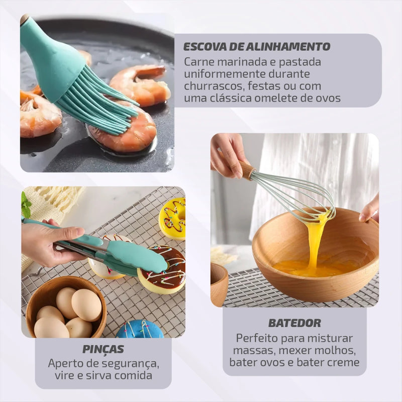 Kit Conjunto Cozinha C/12 Peças Utensílios de Cozinha Antiaderentes de Silicone e Cabo de Madeira