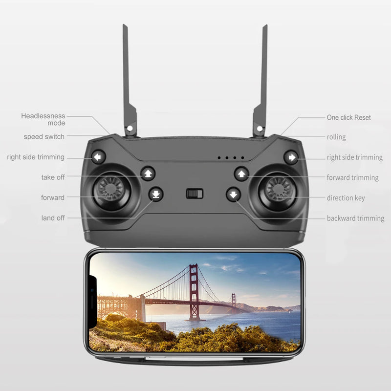 Novo drone profissional E88 WIFI FPV grande angular HD 4K 1080P câmera altura segura quadricóptero dobrável presentes para crianças brinquedos - Ômega Shop Online