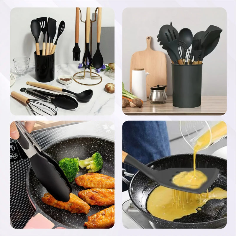 Kit Conjunto Cozinha C/12 Peças Utensílios de Cozinha Antiaderentes de Silicone e Cabo de Madeira