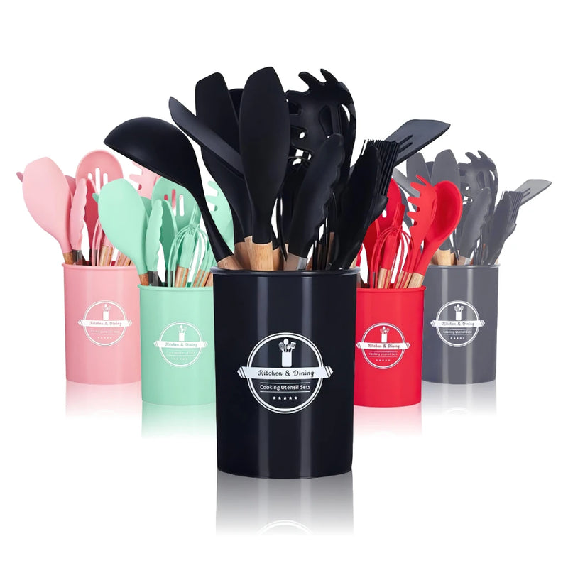 Kit Conjunto Cozinha C/12 Peças Utensílios de Cozinha Antiaderentes de Silicone e Cabo de Madeira