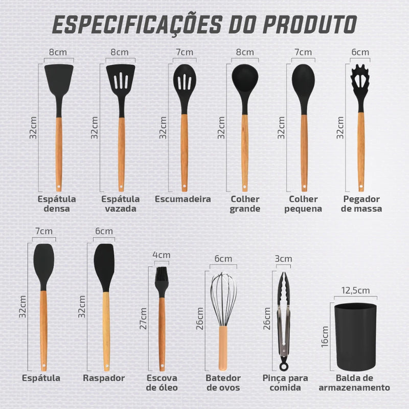 Kit Conjunto Cozinha C/12 Peças Utensílios de Cozinha Antiaderentes de Silicone e Cabo de Madeira
