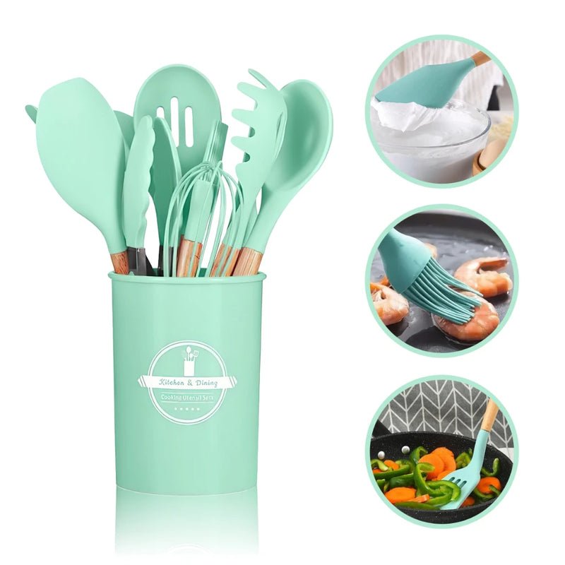 Kit Conjunto Cozinha C/12 Peças Utensílios de Cozinha Antiaderentes de Silicone e Cabo de Madeira