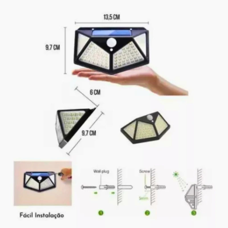 Foco LED solar de pared 100 LED + Sensor de presencia + Protección contra el agua - Ômega Shop Online