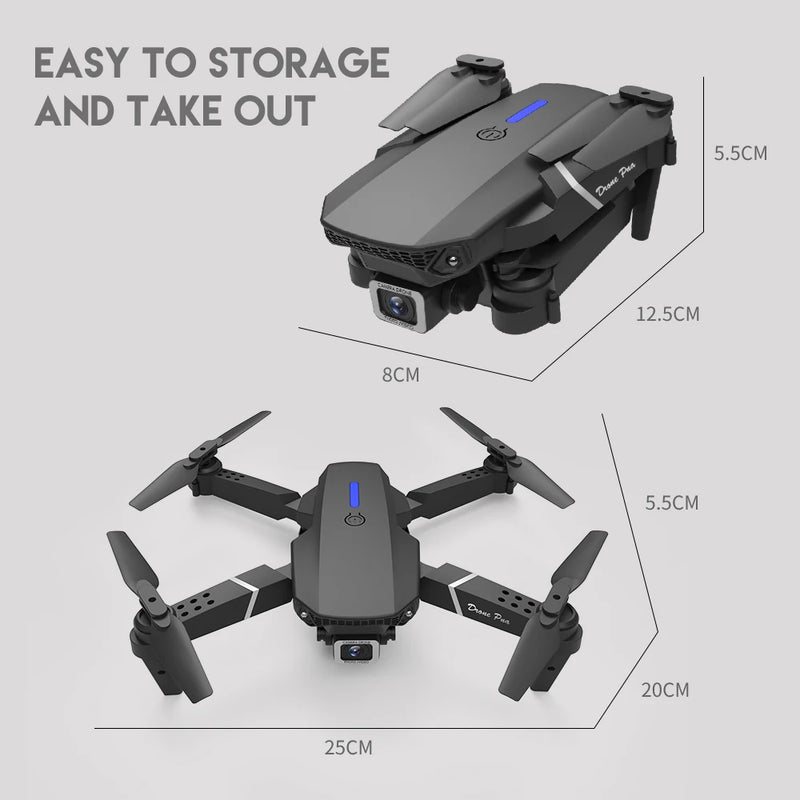 Novo drone profissional E88 WIFI FPV grande angular HD 4K 1080P câmera altura segura quadricóptero dobrável presentes para crianças brinquedos - Ômega Shop Online