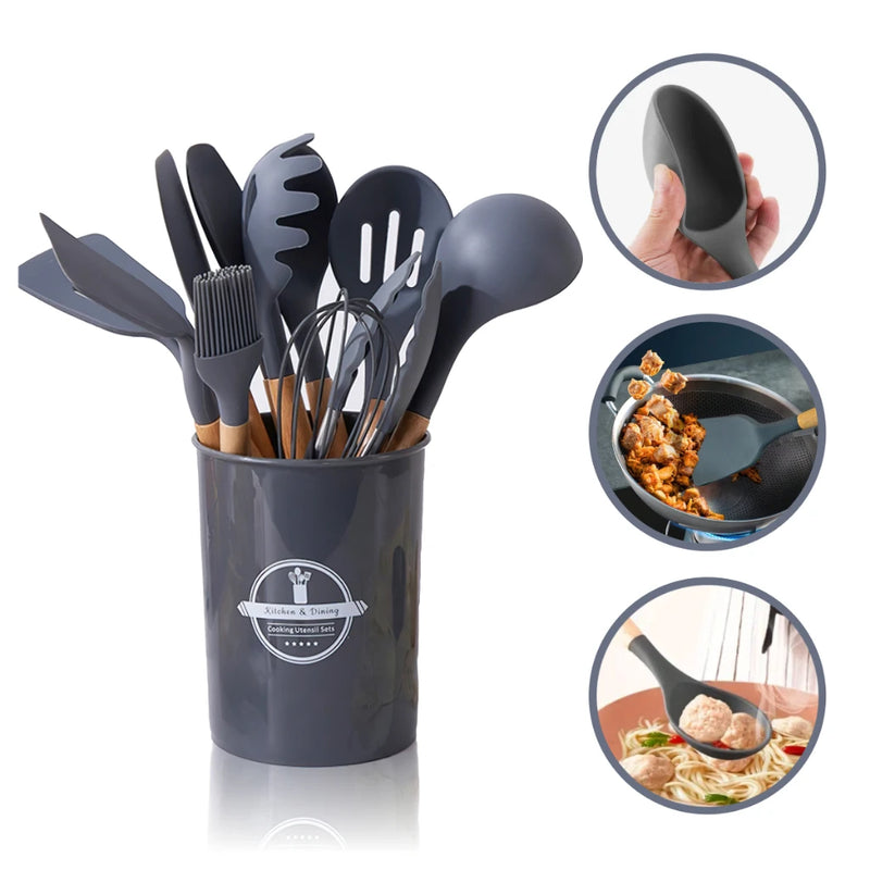 Kit Conjunto Cozinha C/12 Peças Utensílios de Cozinha Antiaderentes de Silicone e Cabo de Madeira
