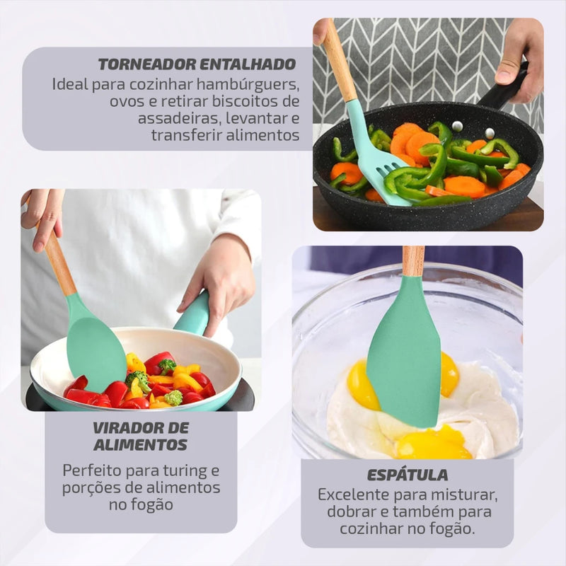 Kit Conjunto Cozinha C/12 Peças Utensílios de Cozinha Antiaderentes de Silicone e Cabo de Madeira