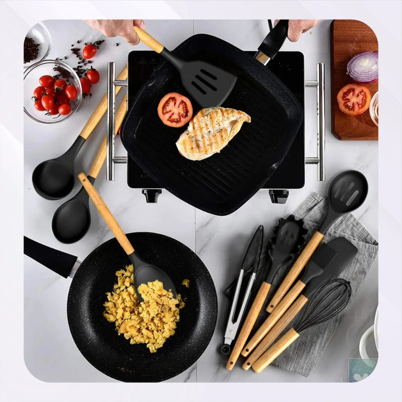 Kit Conjunto Cozinha C/12 Peças Utensílios de Cozinha Antiaderentes de Silicone e Cabo de Madeira