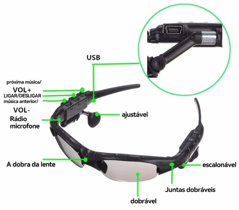 Óculos de sol Esportivo com fones de ouvidos BT Integrado - Ômega Shop Online