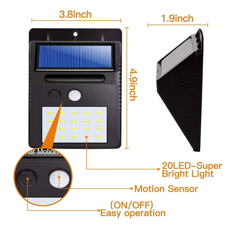 Foco LED solar con sensor de presencia automático 20LEDs Iluminación exterior - Ômega Shop Online