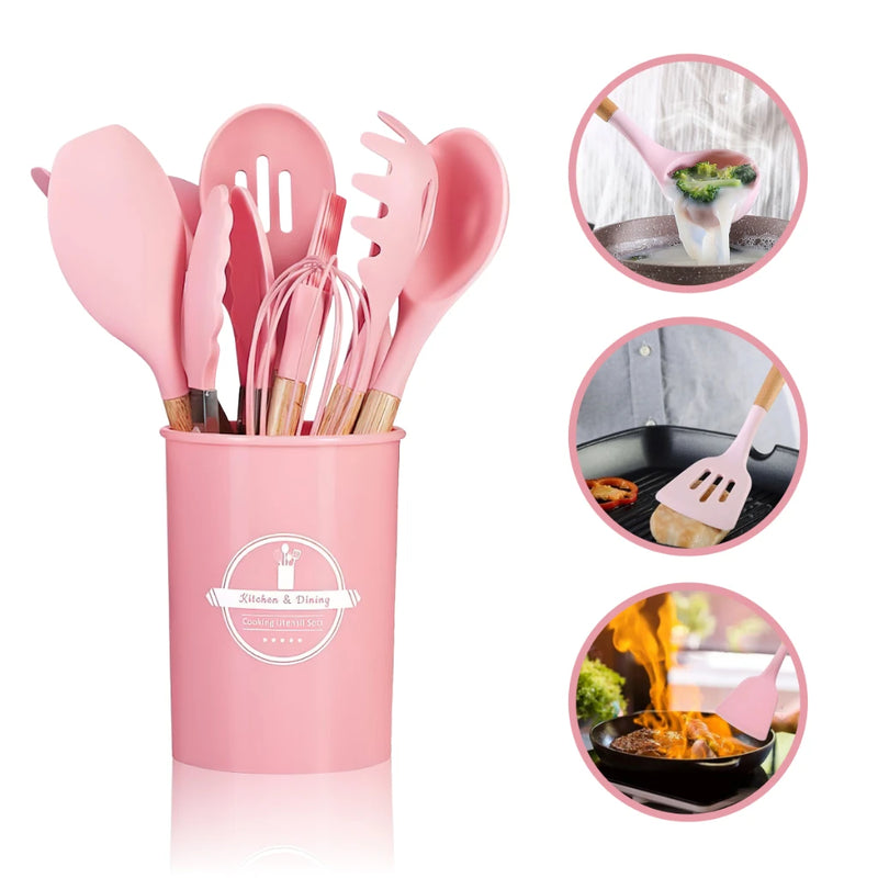 Kit Conjunto Cozinha C/12 Peças Utensílios de Cozinha Antiaderentes de Silicone e Cabo de Madeira