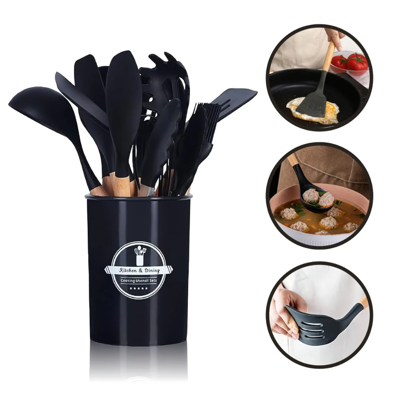 Kit Conjunto Cozinha C/12 Peças Utensílios de Cozinha Antiaderentes de Silicone e Cabo de Madeira